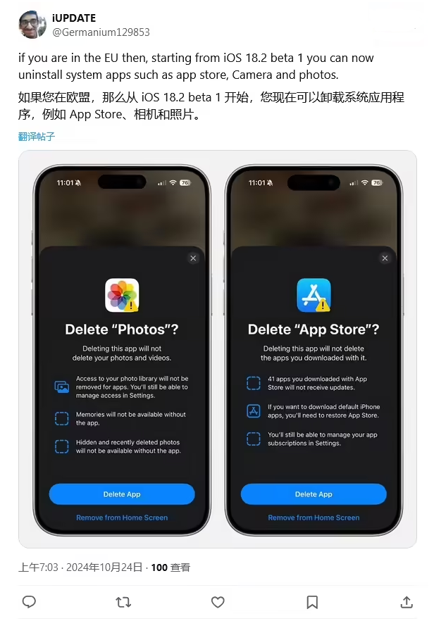 环江苹果手机维修分享iOS 18.2 支持删除 App Store 应用商店 